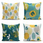 - Rh-K4luset406 - Realhomes 4'lü Renkli Zemin Üzerinde Yaprak Desenli Modern Yastık Kırlent Kılıf Seti Realhomes