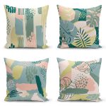 4'lü Renkli Zemin Üzerinde Onedraw Çizimli Yaprak Desenli Modern Yastık Kırlent Kılıf Seti Realhomes