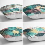 - Rh-K4luset410-1 - Realhomes 4'lü Renkli Zemin Üzerinde Yaprak Desenli Modern Yastık Kırlent Kılıf Seti Realhomes