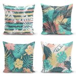 - Rh-K4luset410 - Realhomes 4'lü Renkli Zemin Üzerinde Yaprak Desenli Modern Yastık Kırlent Kılıf Seti Realhomes