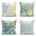 4'lü Renkli Zemin Üzerinde Yaprak Desenli Modern Yastık Kırlent Kılıf Seti Realhomes