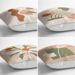 4'lü Renkli Zemin Üzerinde Onedraw Çizimli Yaprak Desenli Modern Yastık Kırlent Kılıf Seti Realhomes