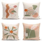 4'lü Renkli Zemin Üzerinde Onedraw Çizimli Yaprak Desenli Modern Yastık Kırlent Kılıf Seti Realhomes