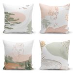 - Rh-K4luset414 - Realhomes 4'lü Renkli Zemin Üzerinde Onedraw Çizimli Bayan Silüeti Modern Yastık Kırlent Kılıf Seti Realhomes