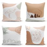 4'lü Renkli Zemin Üzerinde Onedraw Çizimli Modern Yastık Kırlent Kılıf Seti Realhomes