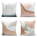 - Rh-K4luset416 - Realhomes 4'lü Renkli Zemin Üzerinde Onedraw Çizimli Modern Yastık Kırlent Kılıf Seti Realhomes