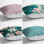 - Rh-K4luset418-1 - Realhomes 4'lü Renkli Zemin Üzerinde Yaprak Desenli Modern Yastık Kırlent Kılıf Seti Realhomes