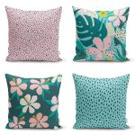 - Rh-K4luset418 - Realhomes 4'lü Renkli Zemin Üzerinde Yaprak Desenli Modern Yastık Kırlent Kılıf Seti Realhomes