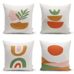 - Rh-K4luset419 - Realhomes 4'lü Beyaz Zemin Üzerinde Onedraw Çizimli Modern Yastık Kırlent Kılıf Seti Realhomes