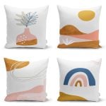 - Rh-K4luset420 - Realhomes 4'lü Beyaz Zemin Üzerinde Onedraw Çizimli Modern Yastık Kırlent Kılıf Seti Realhomes