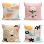 - Rh-K4luset426 - Realhomes 4'lü Renkli Zemin Üzerinde Onedraw Çizimli Modern Yastık Kırlent Kılıf Seti Realhomes