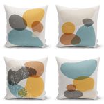 - Rh-K4luset427 - Realhomes  4'lü Renkli Zemin Üzerinde Onedraw Çizimli Modern Yastık Kırlent Kılıf Seti Realhomes