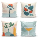 - Rh-K4luset429 - Realhomes 4'lü Renkli Zemin Üzerinde Onedraw Çizimli Modern Yastık Kırlent Kılıf Seti Realhomes
