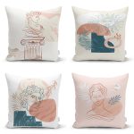 - Rh-K4luset431 - Realhomes 4'lü Renkli Zemin Üzerinde Onedraw Çizimli Modern Yastık Kırlent Kılıf Seti Realhomes