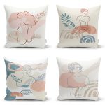 - Rh-K4luset434 - Realhomes 4'lü Renkli Zemin Üzerinde Onedraw Çizimli Modern Yastık Kırlent Kılıf Seti Realhomes