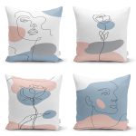 - Rh-K4luset435 - Realhomes 4'lü Renkli Zemin Üzerinde Onedraw Çizimli Bayan Silüeti Modern Yastık Kırlent Kılıf Seti Realhomes