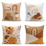 4'lü Renkli Zemin Üzerinde Onedraw Çizimli Yaprak Desenli Modern Yastık Kırlent Kılıf Seti Realhomes