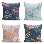 4'lü Rengarenk Zemin Üzerinde Çiçek Desenli Modern Yastık Kırlent Kılıf Seti Realhomes