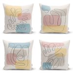 - Rh-K4luset440 - Realhomes 4'lü Renkli Zemin Üzerinde Onedraw Çizimli Modern Yastık Kırlent Kılıf Seti Realhomes