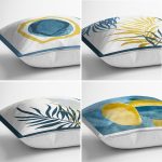 4'lü Renkli Zemin Üzerinde Gold Detaylı Yaprak Desenli Modern Yastık Kırlent Kılıf Seti Realhomes