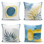 4'lü Renkli Zemin Üzerinde Gold Detaylı Yaprak Desenli Modern Yastık Kırlent Kılıf Seti Realhomes