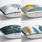 - Rh-K4luset445-1 - Realhomes  4'lü Renkli Zemin Üzerinde Gold Detaylı Yaprak Desenli Modern Yastık Kırlent Kılıf Seti Realhomes