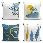 - Rh-K4luset445 - Realhomes  4'lü Renkli Zemin Üzerinde Gold Detaylı Yaprak Desenli Modern Yastık Kırlent Kılıf Seti Realhomes