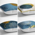 - Rh-K4luset447-1 - Realhomes 4'lü Renkli Zemin Üzerinde Gold Detaylı Yaprak Desenli Modern Yastık Kırlent Kılıf Seti Realhomes