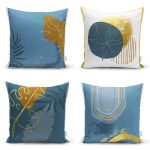 - Rh-K4luset447 - Realhomes 4'lü Renkli Zemin Üzerinde Gold Detaylı Yaprak Desenli Modern Yastık Kırlent Kılıf Seti Realhomes