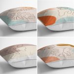 - Rh-K4luset448-1 - Realhomes  4'lü Renkli Zemin Üzerinde Onedraw Çizimli Yaprak Desenli Modern Yastık Kırlent Kılıf Seti Realhomes