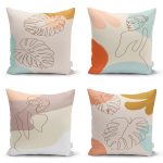 - Rh-K4luset448 - Realhomes  4'lü Renkli Zemin Üzerinde Onedraw Çizimli Yaprak Desenli Modern Yastık Kırlent Kılıf Seti Realhomes