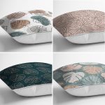 - Rh-K4luset449-1 - Realhomes 4'lü Renkli Zemin Üzerinde Onedraw Çizimli Yaprak Desenli Modern Yastık Kırlent Kılıf Seti Realhomes