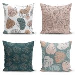 - Rh-K4luset449 - Realhomes 4'lü Renkli Zemin Üzerinde Onedraw Çizimli Yaprak Desenli Modern Yastık Kırlent Kılıf Seti Realhomes