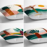 - Rh-K4luset450-1 - Realhomes 4'lü Renkli Zemin Üzerinde Onedraw Çizimli Ağaç Desenli Modern Yastık Kırlent Kılıf Seti Realhomes