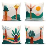 - Rh-K4luset450 - Realhomes 4'lü Renkli Zemin Üzerinde Onedraw Çizimli Ağaç Desenli Modern Yastık Kırlent Kılıf Seti Realhomes