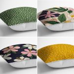 - Rh-K4luset453-1 - Realhomes  4'lü Renkli Zemin Üzerinde Yaprak Desenli Modern Yastık Kırlent Kılıf Seti Realhomes