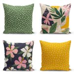 - Rh-K4luset453 - Realhomes  4'lü Renkli Zemin Üzerinde Yaprak Desenli Modern Yastık Kırlent Kılıf Seti Realhomes