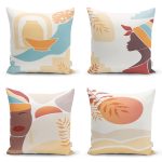 - Rh-K4luset457 - Realhomes 4'lü Renkli Zemin Üzerinde Onedraw Çizimli Afrika Kadın Desenli Modern Yastık Kırlent Kılıf Seti Realhomes