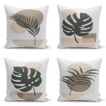 - Rh-K4luset458 - Realhomes 4'lü Renkli Zemin Üzerinde Onedraw Çizimli Yaprak Desenli Modern Yastık Kırlent Kılıf Seti Realhomes