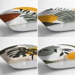 - Rh-K4luset459-1 - Realhomes 4'lü Beyaz Zemin Üzerinde Renkli Yaprak Desenli Modern Yastık Kırlent Kılıf Seti Realhomes