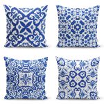 4'lü Beyaz Zemin Üzerinde Çini Desenli Modern Yastık Kırlent Kılıf Seti Realhomes
