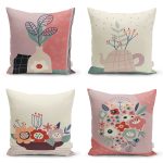 4'lü Renkli Zemin Üzerinde Onedraw Çizimli Vazo Desenli Modern Yastık Kırlent Kılıf Seti Realhomes