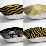 - Rh-K4luset560-1 - Realhomes 4'lü Renkli Zemin Üzerinde Gold Detaylı Geometrik Desenli Modern Yastık Kırlent Kılıf Seti Realhomes