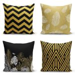 - Rh-K4luset560 - Realhomes 4'lü Renkli Zemin Üzerinde Gold Detaylı Geometrik Desenli Modern Yastık Kırlent Kılıf Seti Realhomes