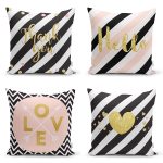 - Rh-K4luset561 - Realhomes 4'lü Beyaz Zemin Üzerinde Gold Detaylı Yazılı Modern Yastık Kırlent Kılıf Seti Realhomes