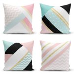 4'lü Beyaz Zemin Üzerinde Gold Detaylı Geometrik Desenli Modern Yastık Kırlent Kılıf Seti Realhomes