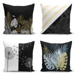 - Rh-K4luset564 - Realhomes 4'lü Siyah Zemin Üzerinde Gold Detaylı Modern Yastık Kırlent Kılıf Seti Realhomes