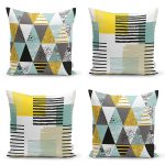 - Rh-K4luset565 - Realhomes  4'lü Beyaz Zemin Üzerinde Geometrik Desenli Modern Yastık Kırlent Kılıf Seti Realhomes