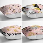 - Rh-K4luset566-1 - Realhomes 4'lü Renkli Zemin Üzerinde Gold Detaylı Yaprak Desenli Modern Yastık Kırlent Kılıf Seti Realhomes