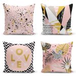 - Rh-K4luset566 - Realhomes 4'lü Renkli Zemin Üzerinde Gold Detaylı Yaprak Desenli Modern Yastık Kırlent Kılıf Seti Realhomes